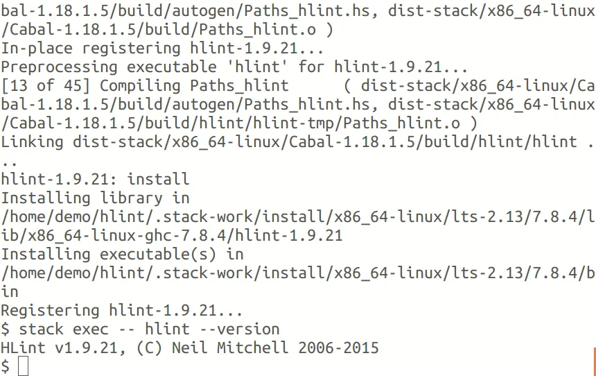 Historical Stack terminal demonstration on Linux: building HLint and running stack exec -- hlint --version.