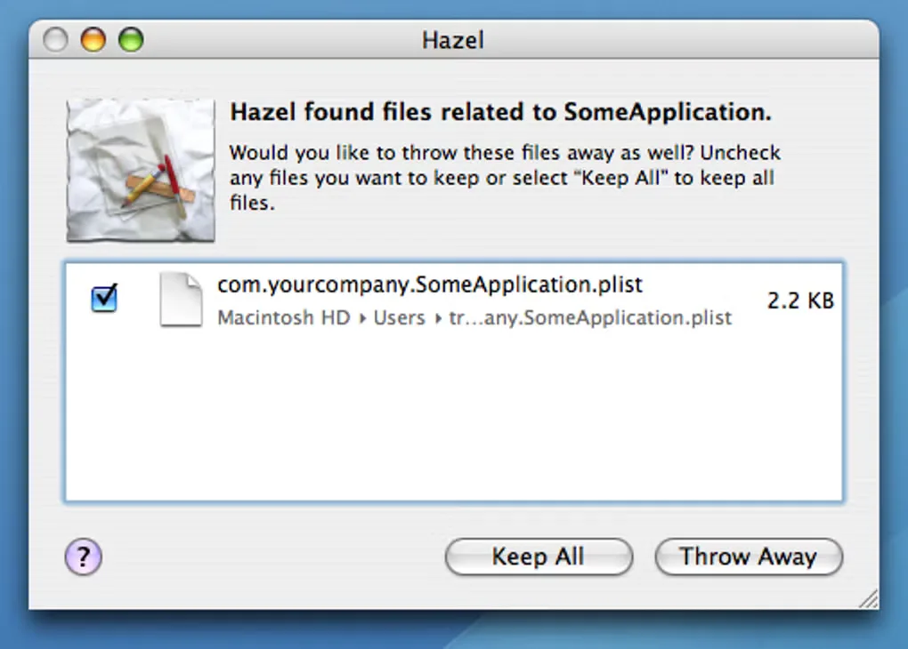 Older Hazel App Sweep dialog offering to keep or discard an application’s related preference file.