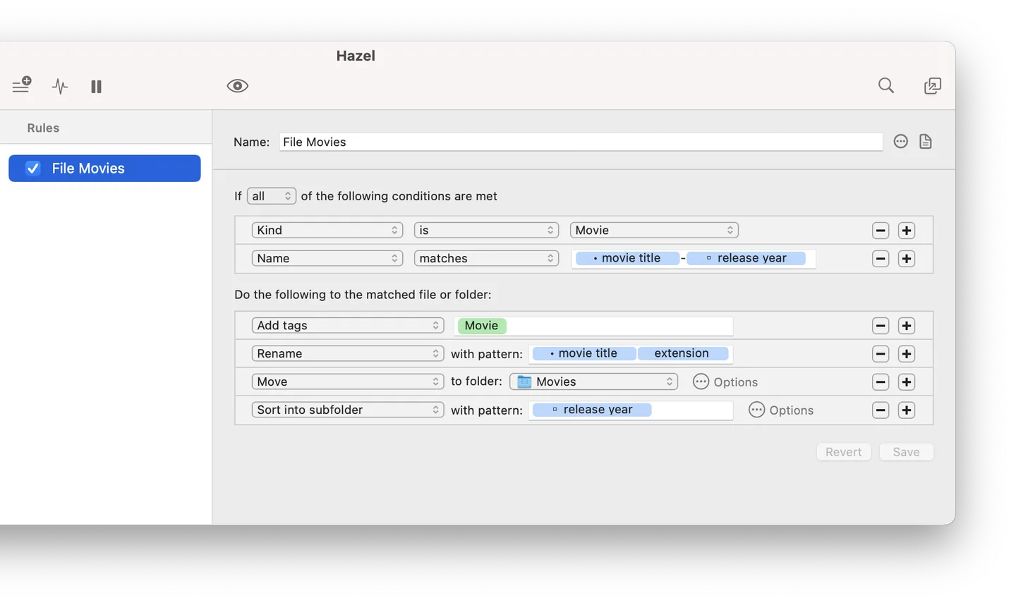 Hazel rule editor matching movie filenames and applying tag, rename, move and release-year subfolder actions.