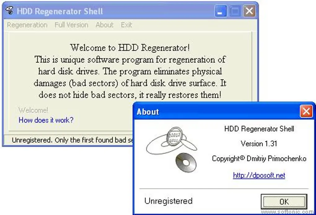 Historical HDD Regenerator Shell interface with About dialog showing Version 1.31 and unregistered status