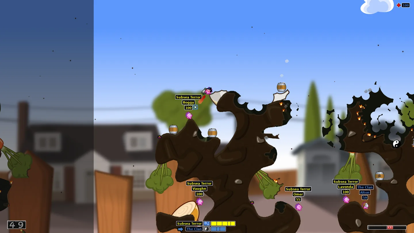 Hedgewars gameplay with named hedgehogs, damaged tree terrain, health labels and a turn timer