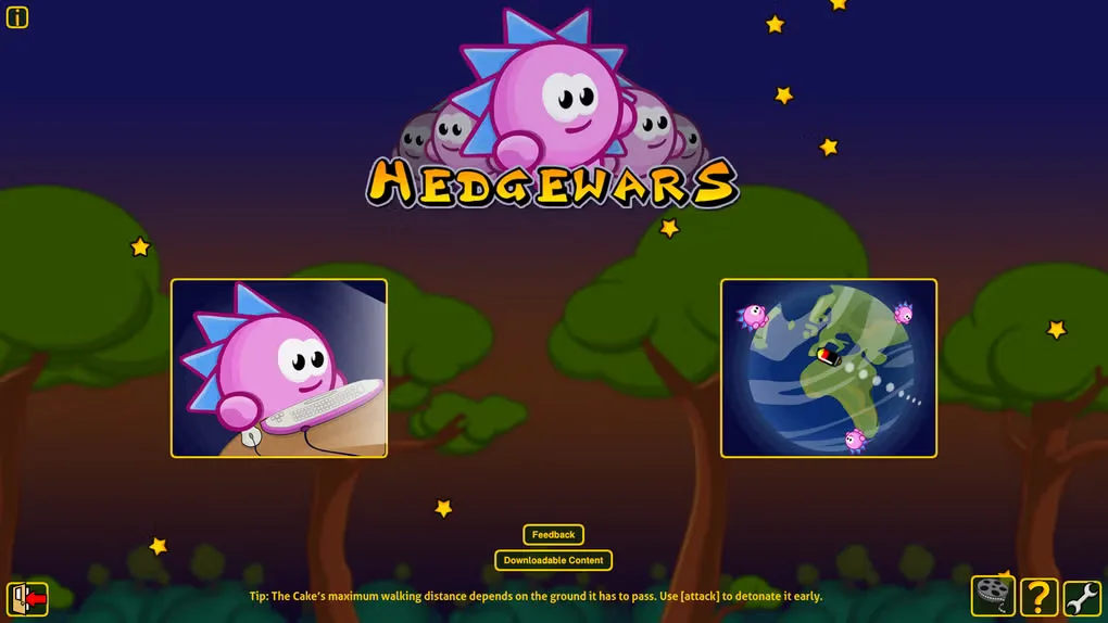 Hedgewars main menu showing local and network play choices, downloadable content and settings controls