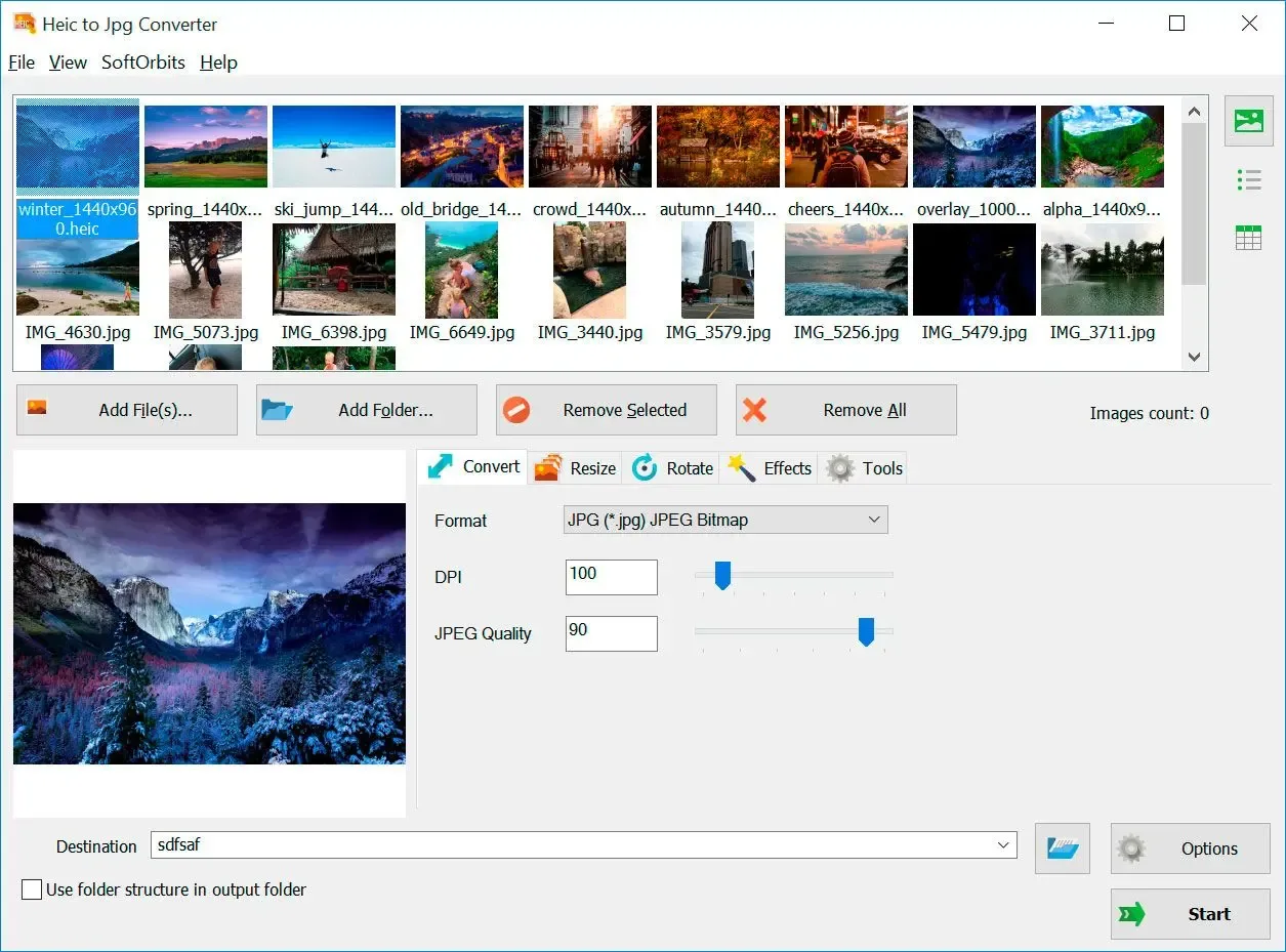 SoftOrbits HEIC to JPG Converter on Windows showing photo thumbnails, an image preview and JPEG quality controls