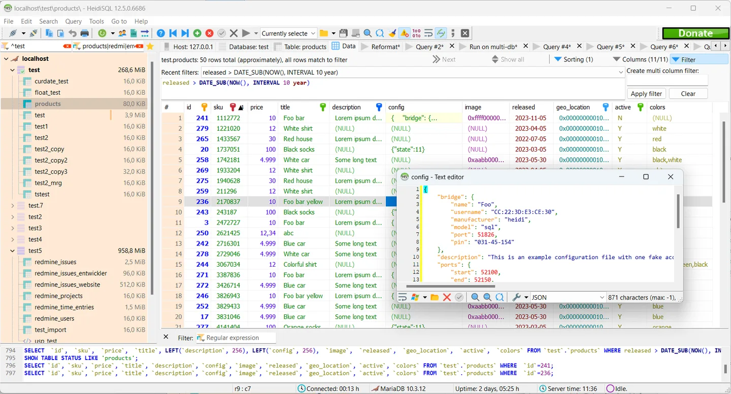 HeidiSQL data grid with a database tree, row filters, SQL log and JSON text editor; publisher screenshot of version 12.5.