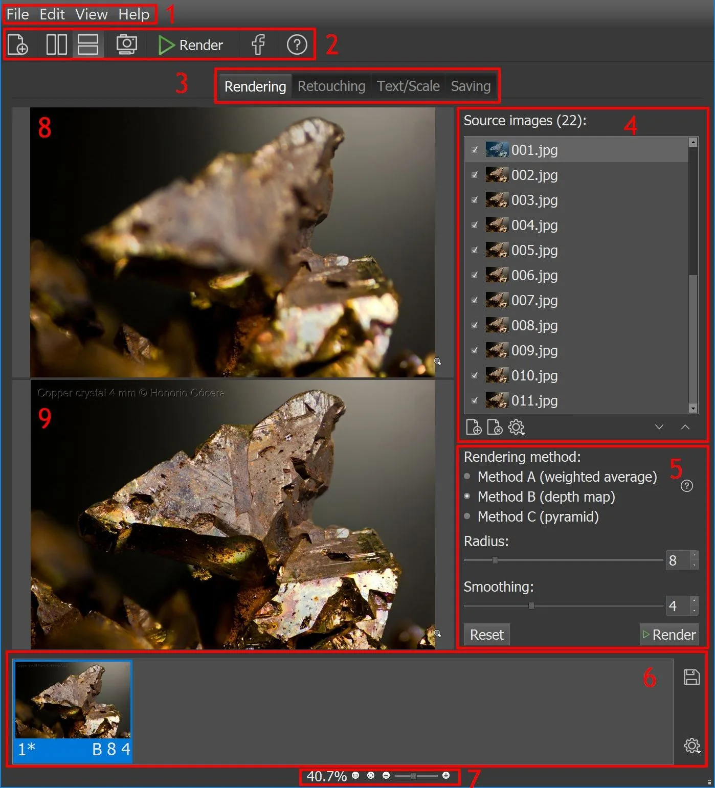 Publisher-annotated Helicon Focus workspace showing copper-crystal source and stacked output images, a 22-image source list, and rendering controls.