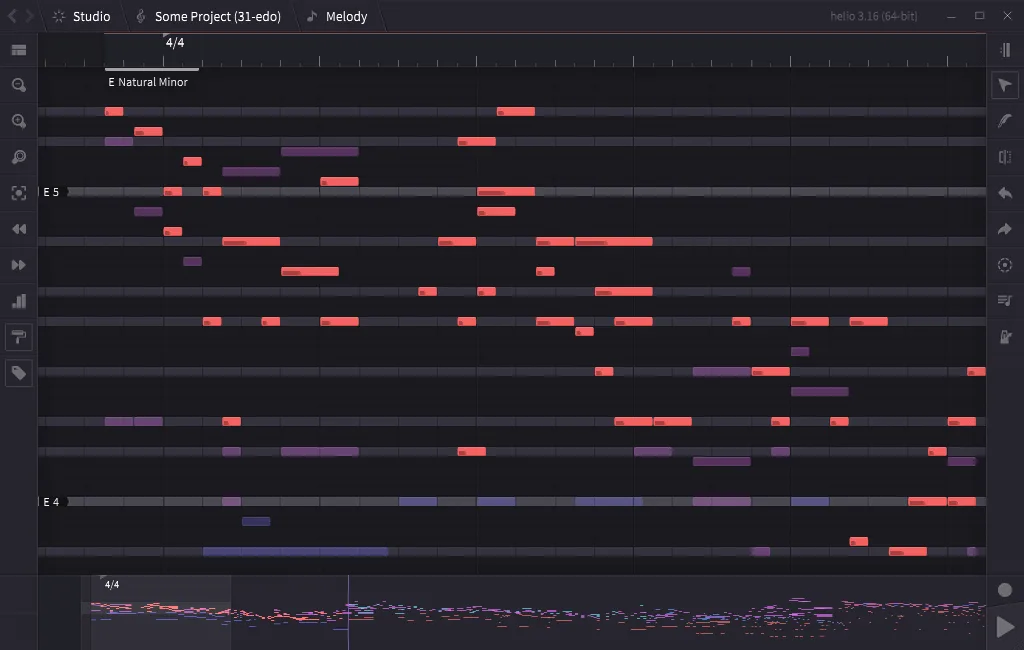 Publisher reference screenshot of Helio 3.16 showing MIDI notes, ghost tracks and the project mini-map; Windows window controls are visible.