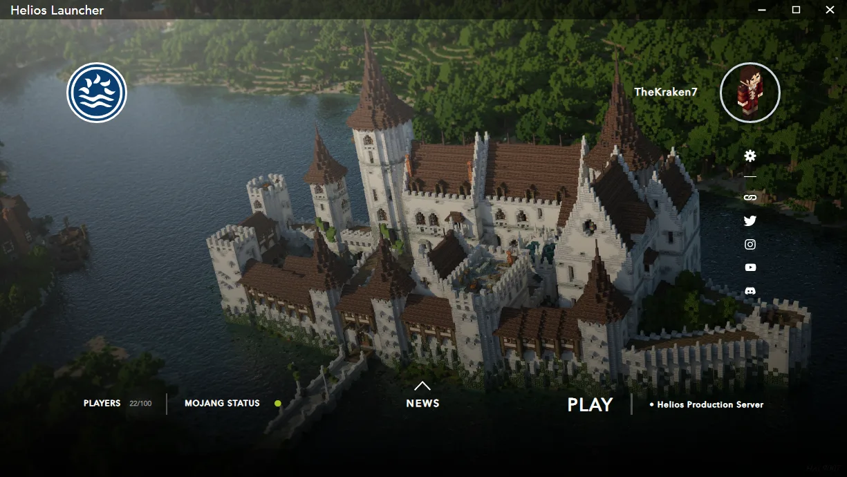 Helios Launcher desktop window with Minecraft castle background, account controls, player count, news and Play button for a configured server.
