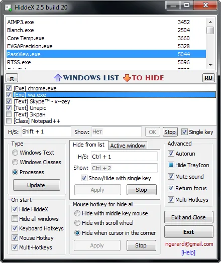 Publisher screenshot of HiddeX 2.5 build 20 showing process lists, keyboard shortcuts, mouse controls and exit buttons.