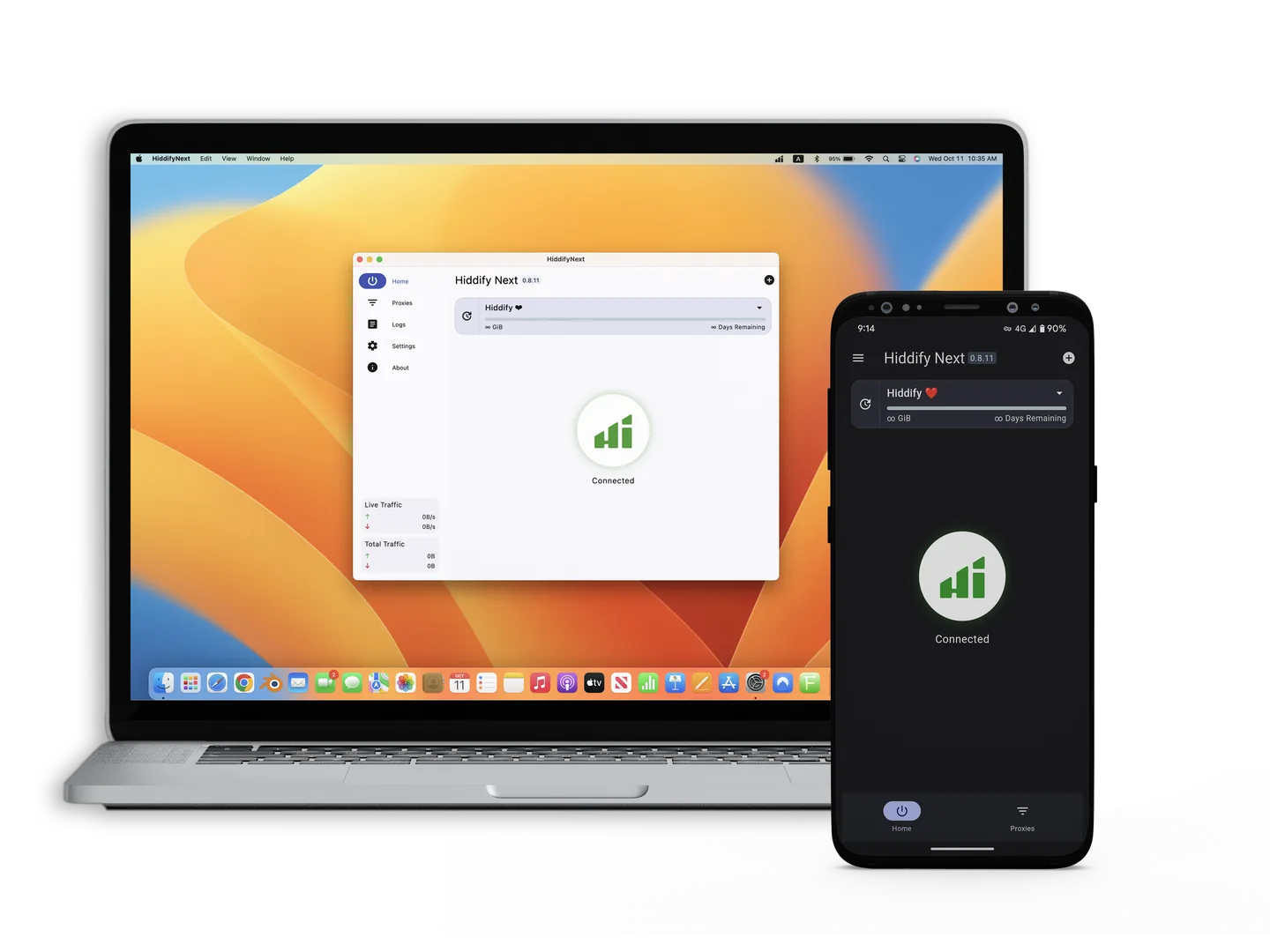 Publisher's older Hiddify Next 0.8.11 demo: connected Mac home window with profile and sidebar, alongside Android UI