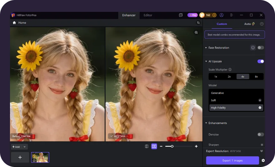 HitPaw FotorPea Windows editor showing a side-by-side portrait preview, AI Upscale model controls and an export button