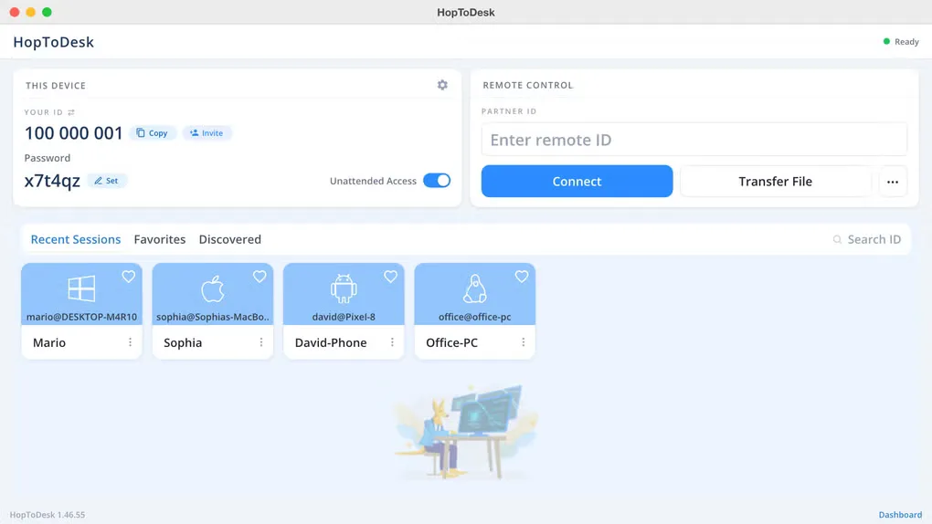 HopToDesk on Mac showing local device credentials, remote partner ID, Connect and Transfer File controls, and recent sessions.