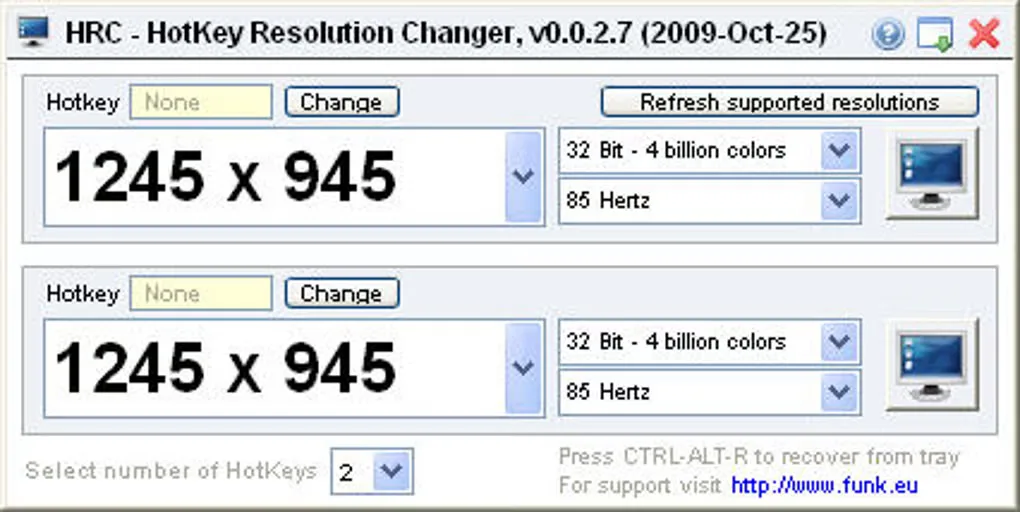 Historical HRC v0.0.2.7 Windows interface showing two resolution presets, hotkey assignment, color depth and refresh rate