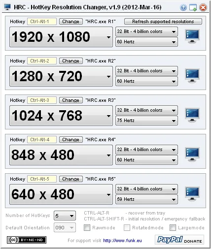 Historical HRC v1.9 Windows interface with five resolution presets and custom hotkey, color-depth and refresh-rate controls