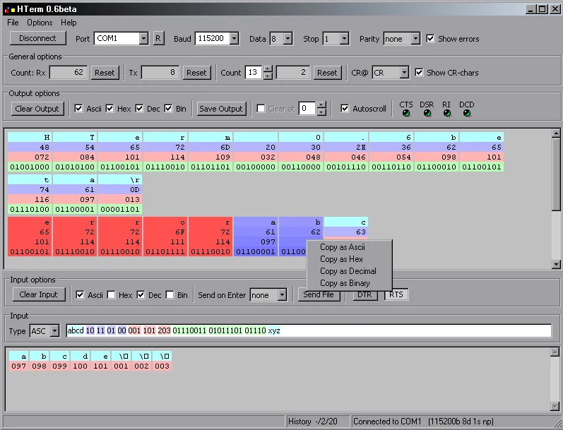 Older HTerm Windows interface with serial port settings and ASCII, hex, decimal and binary data views; title shows HTerm 0.6beta.