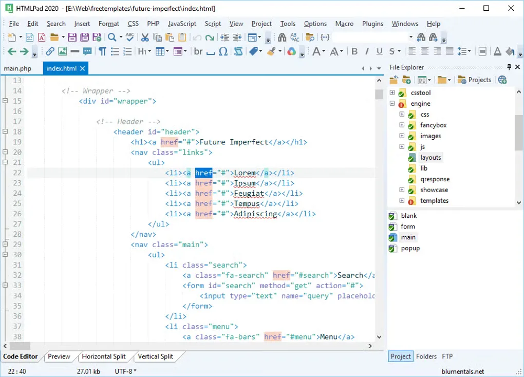 HTMLPad 2020 on Windows displaying HTML source code, editing toolbars and a right-hand file explorer