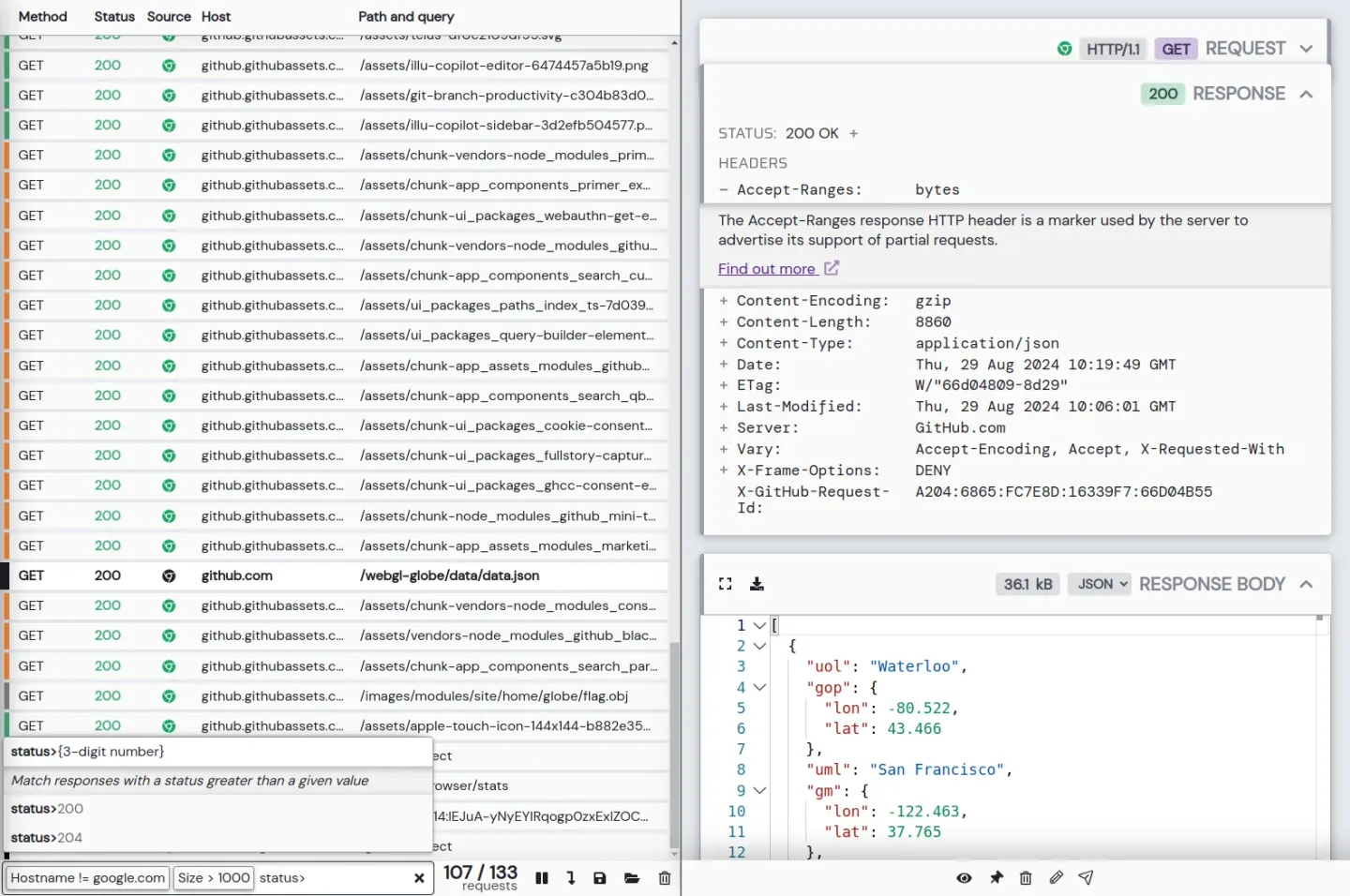 HTTP Toolkit traffic inspector showing captured requests, response headers and a formatted JSON response body