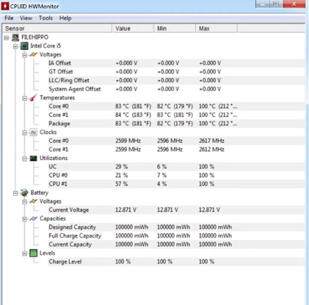 HWMonitor's classic Windows sensor tree with CPU temperatures, clocks, utilization and battery readings in Value, Min and Max columns