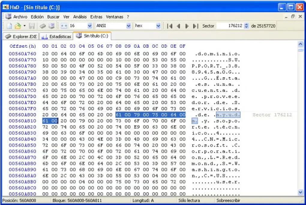 Older Spanish-language HxD workspace showing disk offsets, hexadecimal bytes, a character column and selected data