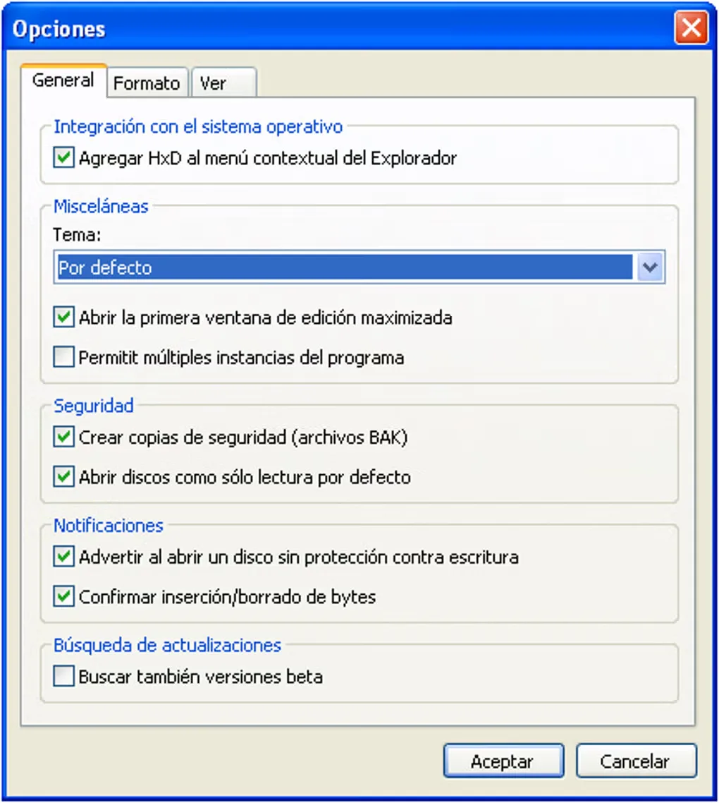 Older Spanish-language HxD options dialog with Explorer integration, backup and read-only disk settings