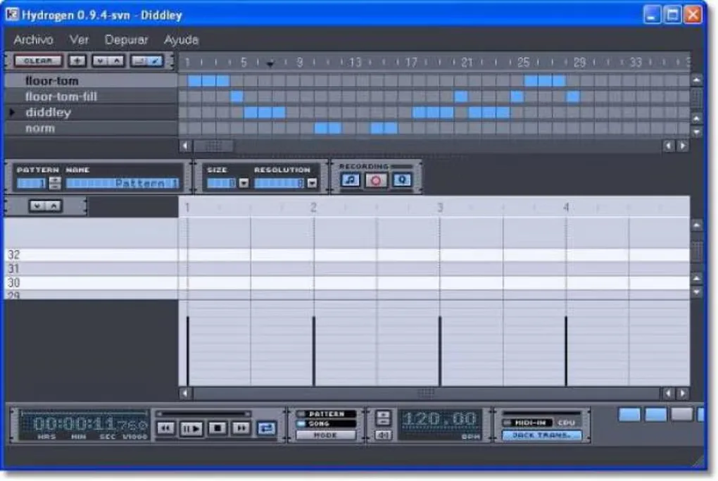 Historical Hydrogen 0.9.4-svn Windows interface showing the song arrangement, pattern editor and playback controls; not version 1.2.7.