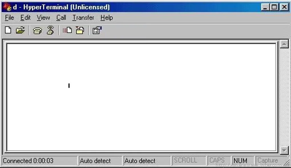 HyperTerminal unlicensed Windows interface with File, Edit, View, Call and Transfer menus, a blank terminal pane and connection status bar.