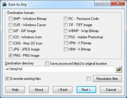 Icon to Any destination-format wizard with PNG selected, a destination directory and resolution filter control
