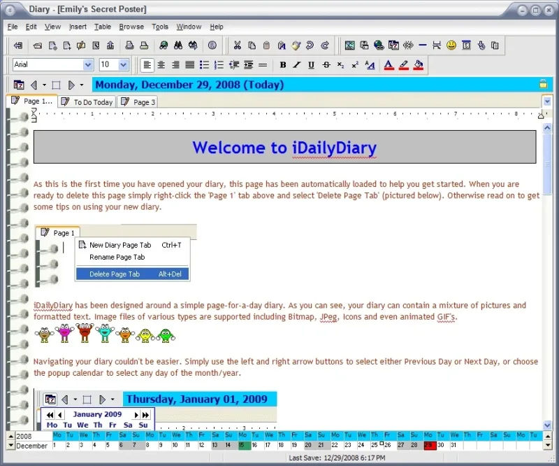 Historical iDailyDiary Windows editor with formatted diary text, dated page tabs and calendar navigation