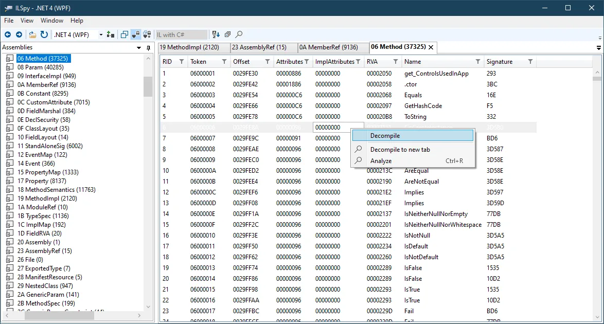 Historical ILSpy Windows WPF metadata explorer showing a Method table and the Decompile context menu.