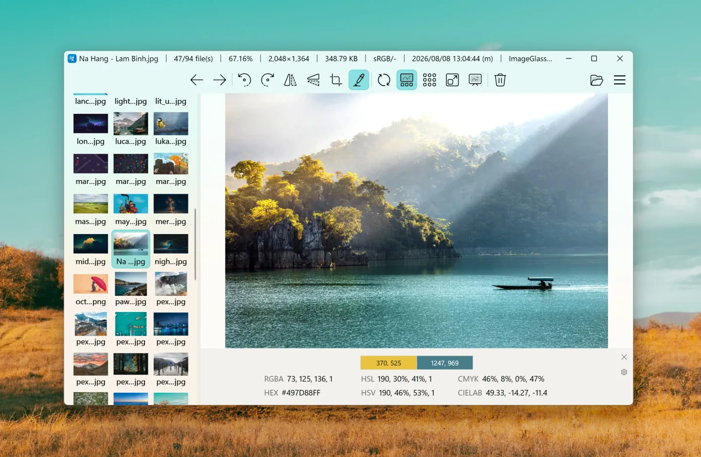 ImageGlass 10 on Windows with a thumbnail gallery, lake photograph and color-picker panel.