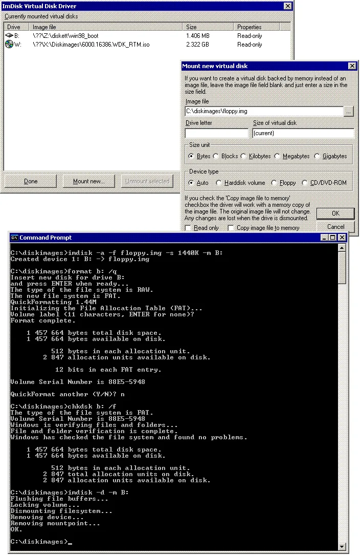 Publisher’s legacy ImDisk Control Panel, Mount new virtual disk dialog and command-line example.