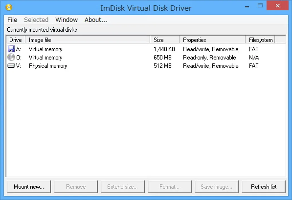 ImDisk Virtual Disk Driver Control Panel listing virtual- and physical-memory drives with size, properties and filesystem columns.
