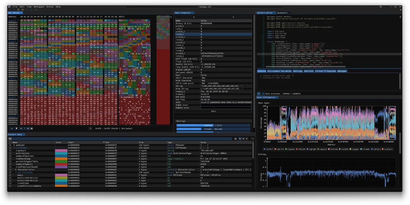 ImHex showing highlighted binary bytes, a data inspector, PE structure patterns and byte-distribution and entropy graphs.