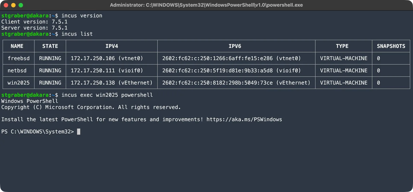Publisher Incus 7.5.1 terminal demo showing a VM list and PowerShell inside a Windows guest; not the Windows client installer