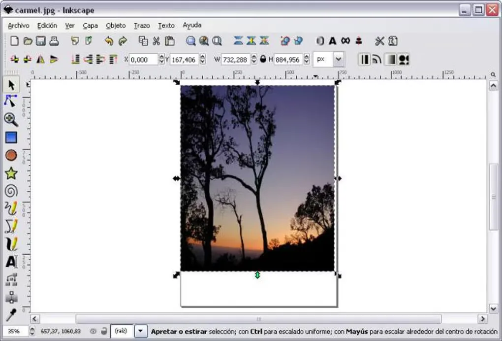 Legacy Inkscape for Windows interface with an imported sunset photograph selected on the canvas; screenshot version unconfirmed.