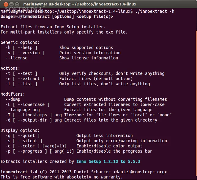 Historical innoextract 1.4 command-line help in a Linux terminal; not the Windows 1.9 interface