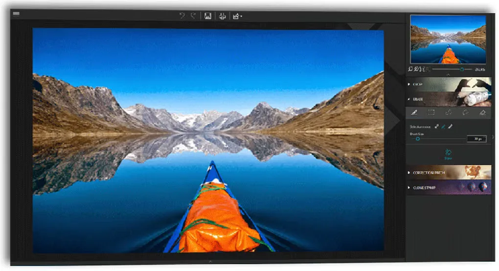 inPixio Photo Studio editing workspace showing a kayak photograph, navigator preview and erase-tool controls
