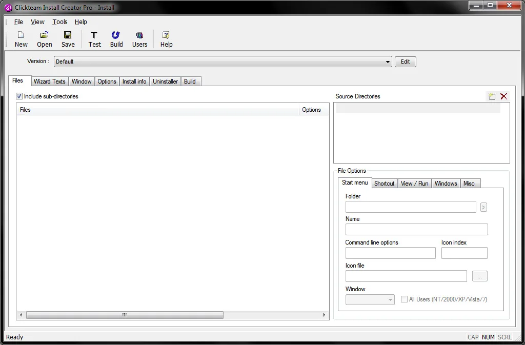 Publisher screenshot of Install Creator Pro showing the Files tab, source directories and shortcut options; Pro edition illustrated