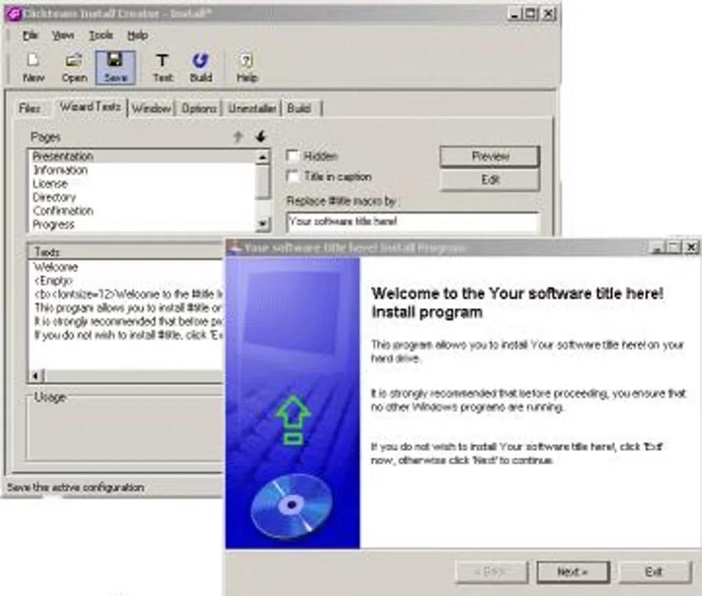 Historical Install Creator editor with Wizard Texts settings and a Windows setup welcome preview
