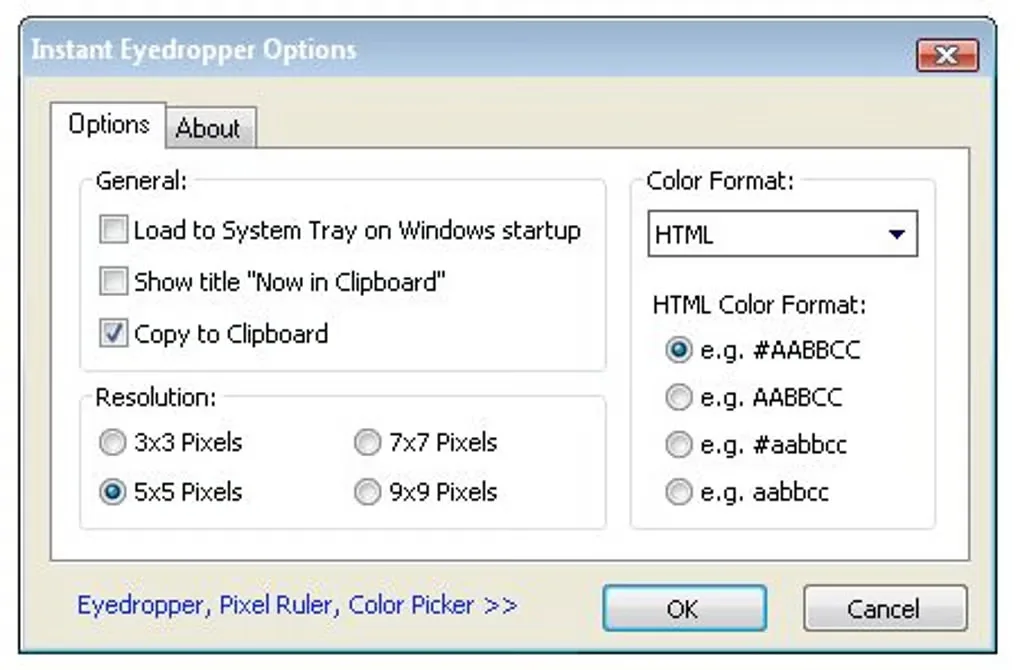 Historical Instant Eyedropper Options window with clipboard settings, resolution choices and HTML color-format controls.