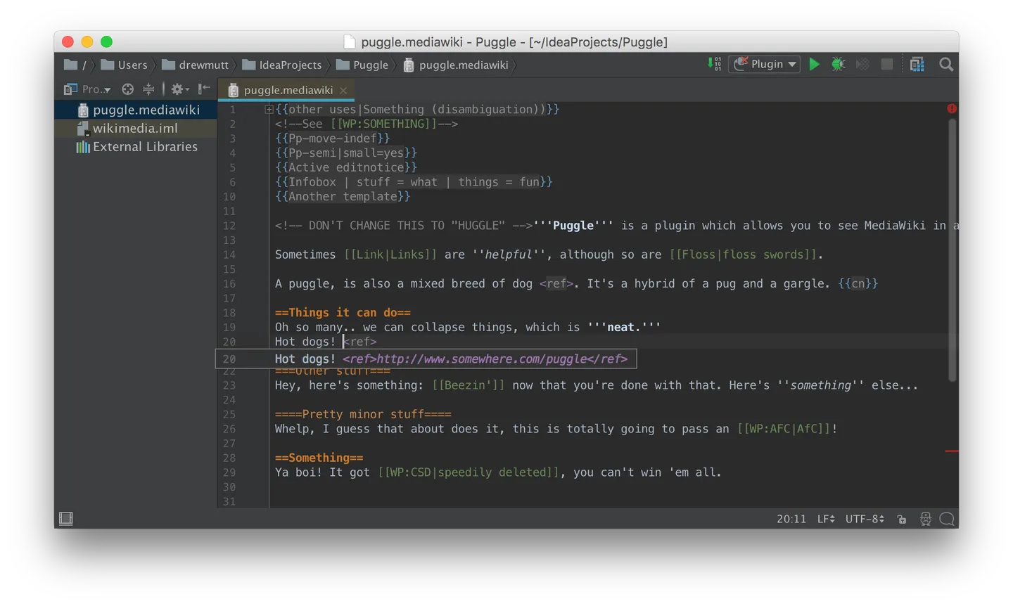 Historical 2017 IntelliJ IDEA Community Edition on Mac, with the optional Puggle MediaWiki plugin open in a dark editor