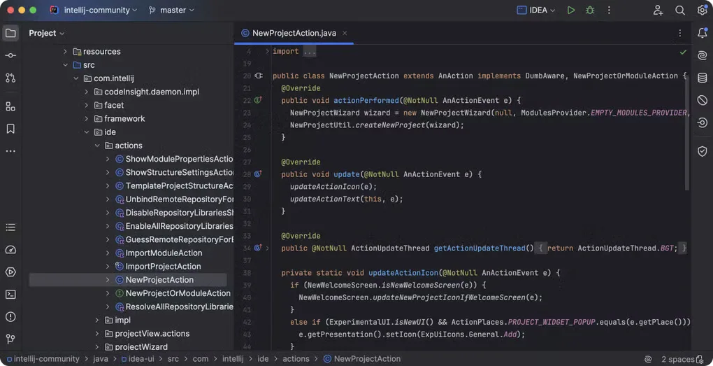 IntelliJ IDEA editor showing NewProjectAction.java and the project tree; source gallery image with macOS window controls