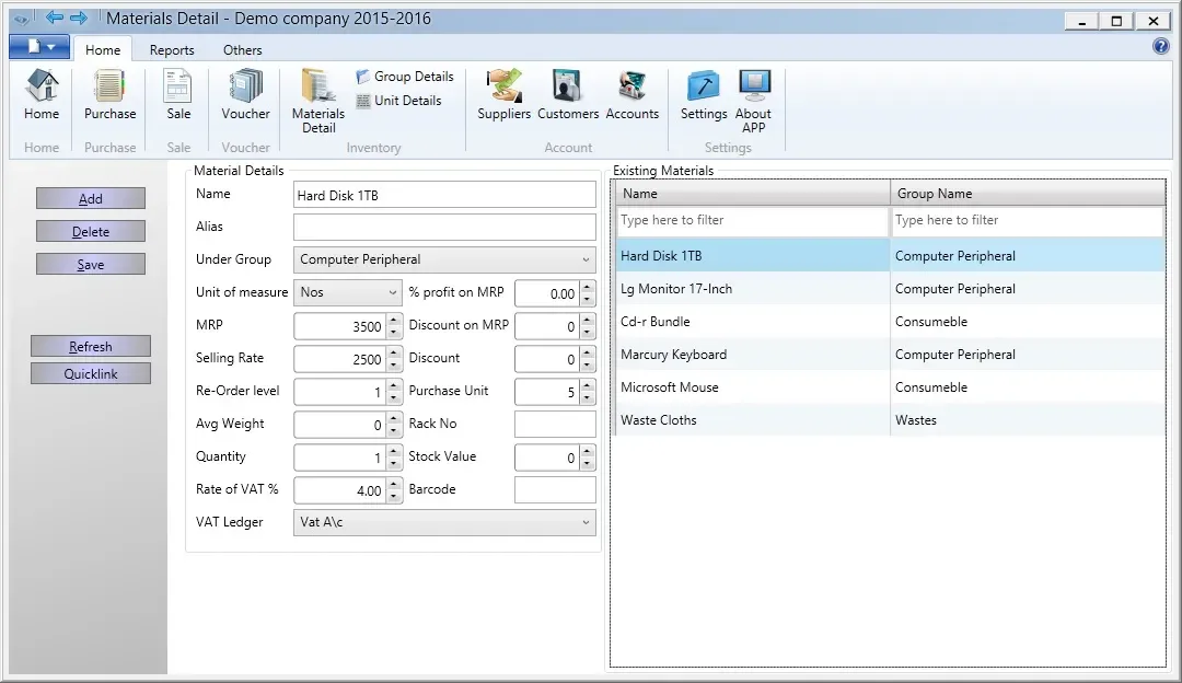 InventoryPlus Materials Detail window showing item prices, reorder level and a list of existing stock items