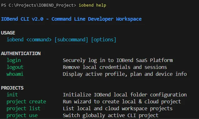 Publisher screenshot of IOBend CLI v2.0 help in Windows PowerShell, showing authentication and project commands