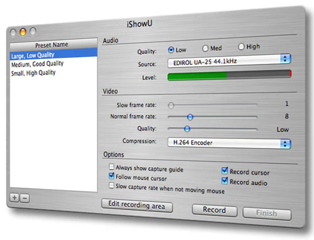 Classic iShowU recording window with presets, audio source, frame-rate sliders and capture-area controls