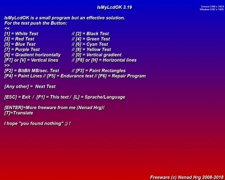 Publisher screenshot of IsMyLcdOK 3.19 showing keyboard shortcuts for color, gradient, line and stress tests