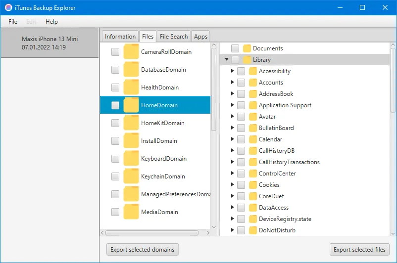 iTunes Backup Explorer on Windows showing backup domains, HomeDomain folders and export controls.