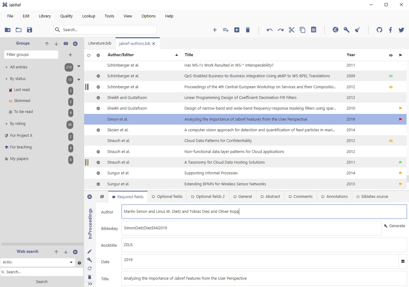 JabRef on Windows showing reference groups, an author-title-year table and editable bibliographic fields for a selected entry