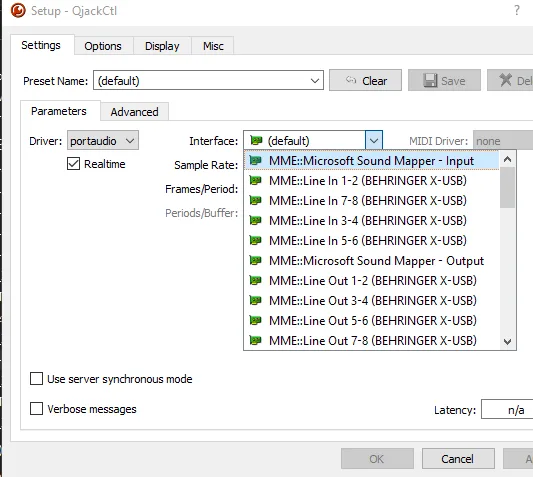 Historical Windows QjackCtl Setup dialog showing the PortAudio driver and an expanded audio interface menu (JACK2 1.9.21 issue attachment).