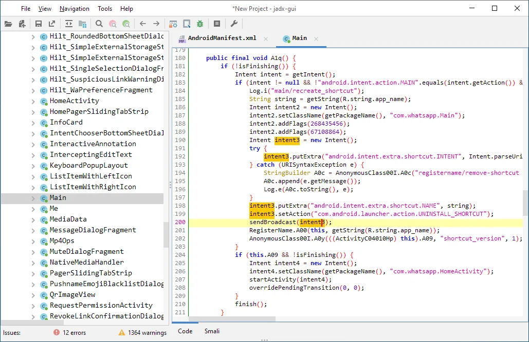 Publisher example of jadx-gui on Windows, with a class tree, decompiled Java code and Code and Smali tabs.