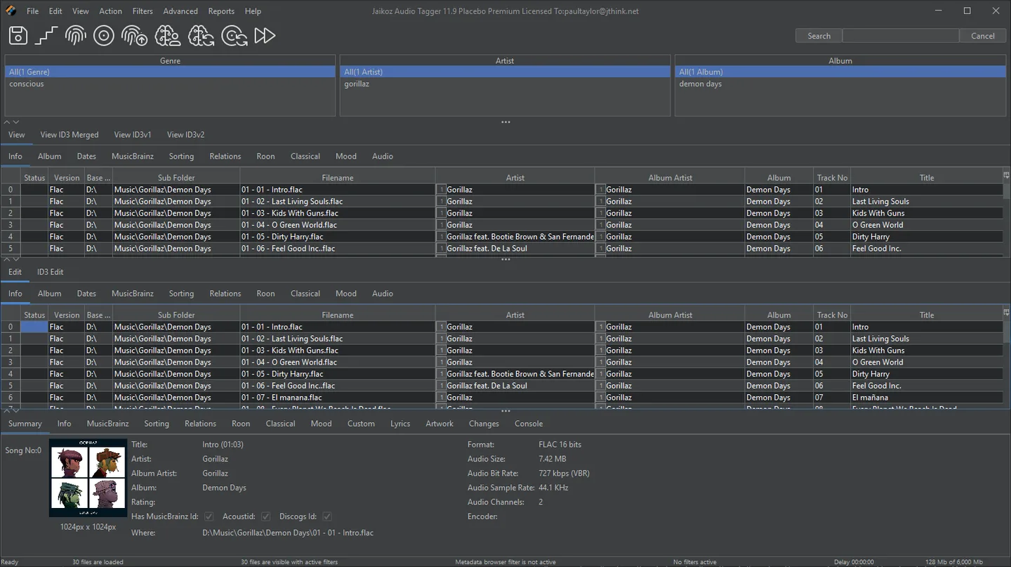 Publisher screenshot of Jaikoz 11.9 on Windows, showing music tag tables, genre, artist and album filters, and track details; Mac appearance differs.